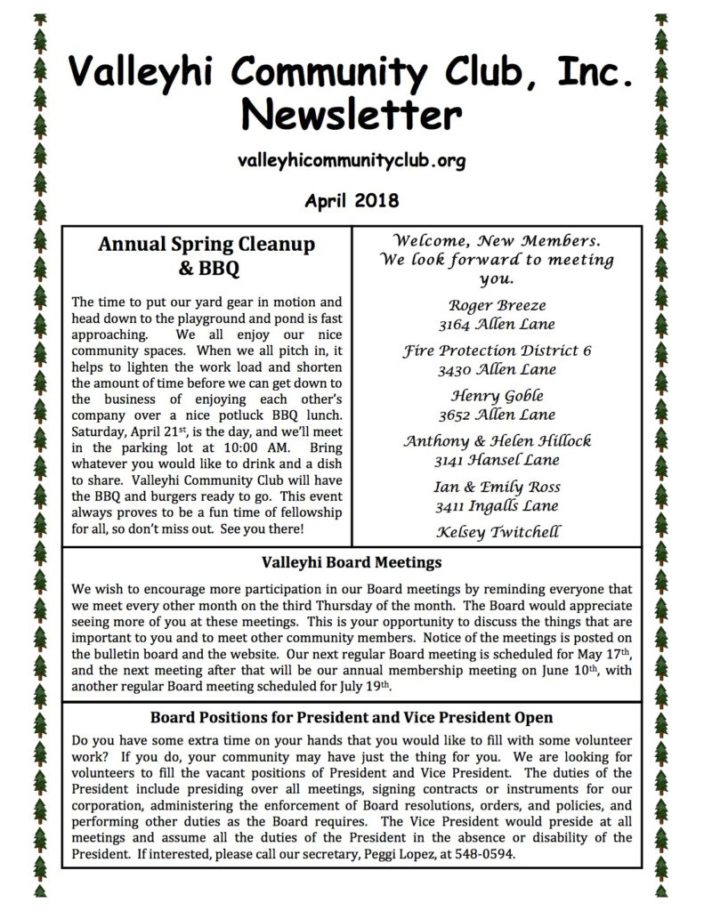 2018 April Newsletter pg. 1